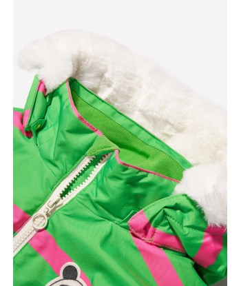 Mini Rodini Girls Panda Soft Ski Jacket in Green en stock