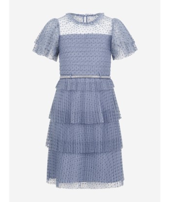 Self Portrait Girls Dot Mesh Tiered Dress in Blue de la marque