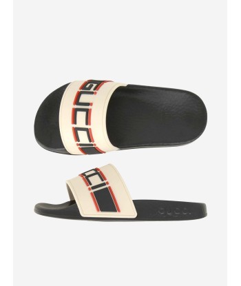 Gucci Boys Ivory & Black Rubber Stripe Sliders de pas cher