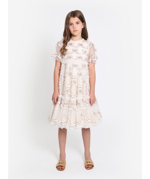 Needle & Thread Girls Bow Sequin Dress in Cream les muscles