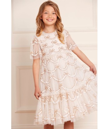 Needle & Thread Girls Bow Sequin Dress in Cream les muscles